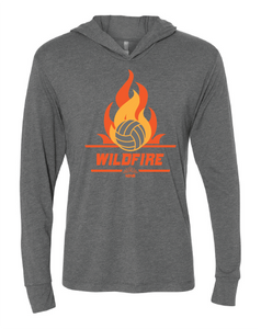 Gray Long Sleeve tee with hood and wildfire volleyball design