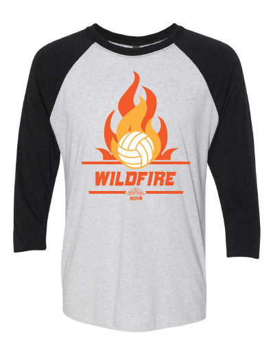 black and white raglan tee with wildfire design