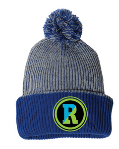 Blue and gray pom hat with Rockland patch