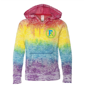 Rainbow hoodie with Rockland R chest logo