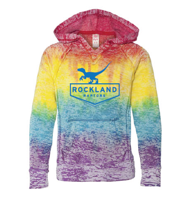 Rainbow hoodie with Rockland raptors design in blue