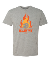 Load image into Gallery viewer, heather gray t-shirt with wildfire volleyball design