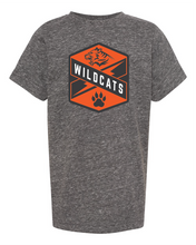 Load image into Gallery viewer, gray melange tee with Libertyville Wildcats crest in orange