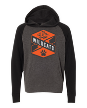 Load image into Gallery viewer, gray and black raglan hoodie with Libertyville Wildcats crest