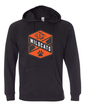 Load image into Gallery viewer, Black Raglan hoodie with Wildcats Crest in orange