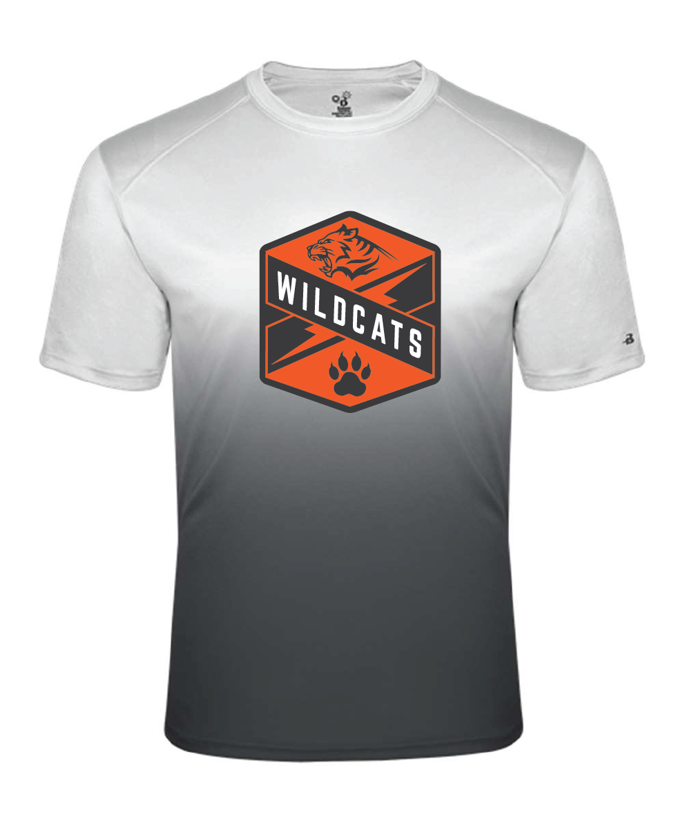 ombre white to gray performance tee with Wildcats crest in orange