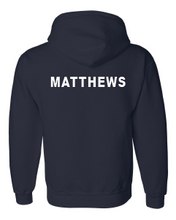Load image into Gallery viewer, Navy Hooded sweatshirt with customizable name in white