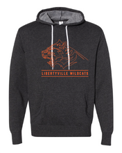 Load image into Gallery viewer, Libertyville Fierce Wildcats on Charcoal Hoodie with white drawstrings