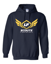 Load image into Gallery viewer, Navy hooded sweatshirt with Yellow and white Scouts Design