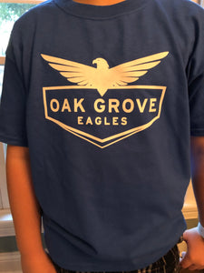 Boy wearing blue oak grove eagles tee